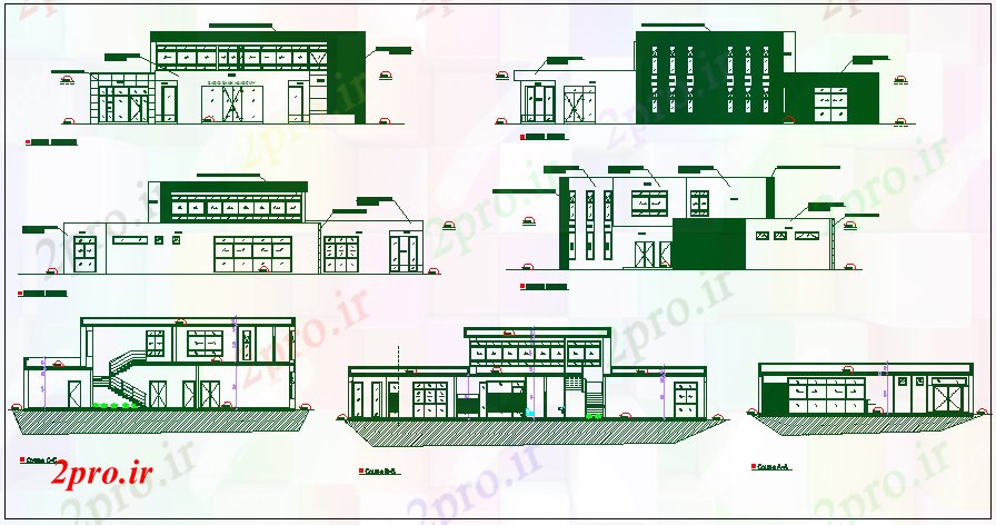 دانلود نقشه ساختمان اداری - تجاری - صنعتی سالن نما طرحی و بخش جزئیات 21 در 28 متر (کد67107)