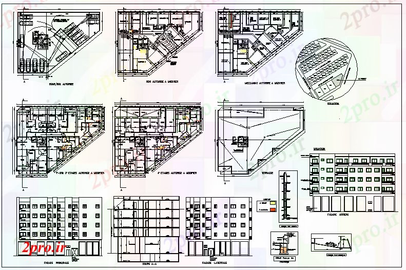 دانلود نقشه ساختمان اداری - تجاری - صنعتی طبقه ساختمان تجاری طرحی جزئیات و نما جزئیات 49 در 66 متر (کد67258)