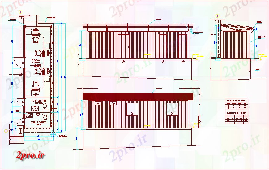 دانلود نقشه ساختمان اداری - تجاری - صنعتی طرحی دفتر و نما با درب و پنجره 2 در 10 متر (کد67305)