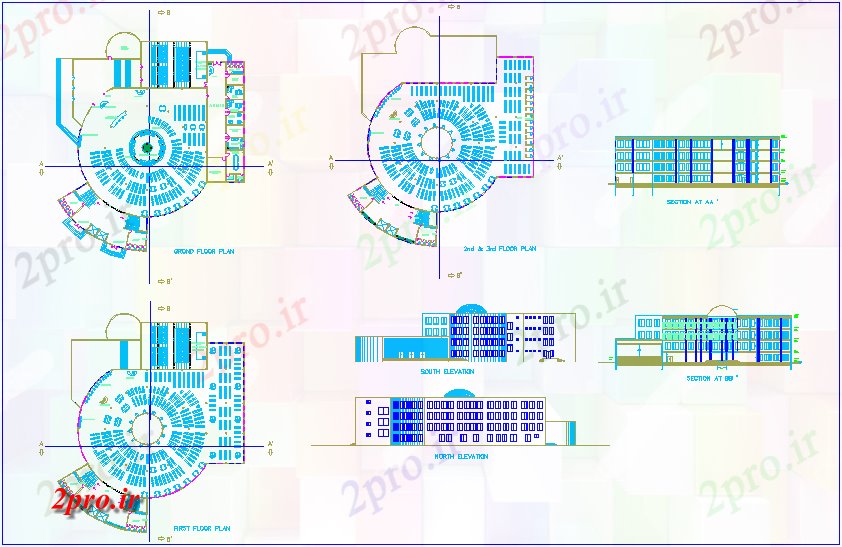 دانلود نقشه برنامه ریزی شهری طرحی طبقه کتابخانه، نما و بخش    (کد67313)