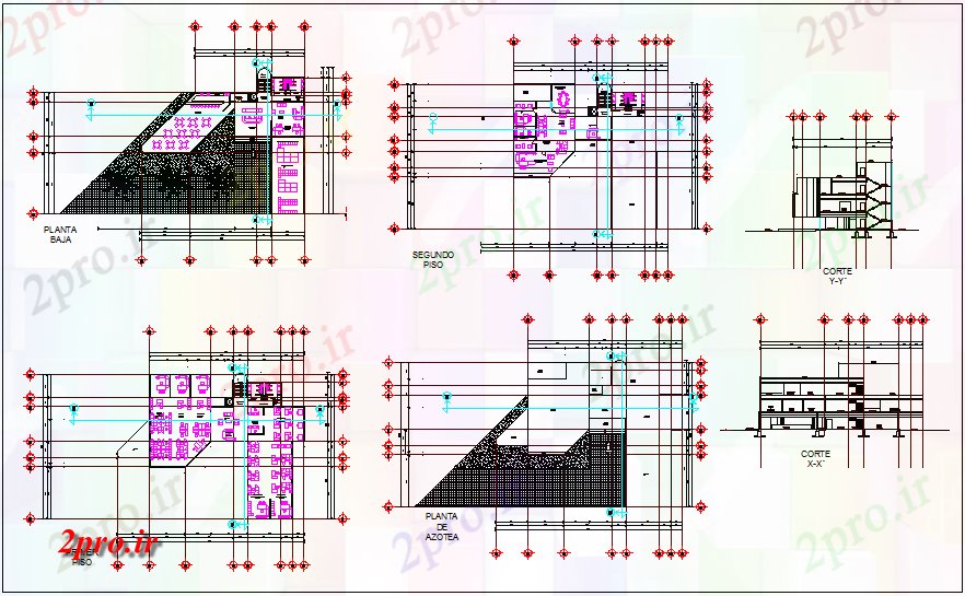 دانلود نقشه ساختمان اداری - تجاری - صنعتی طرحی کف و نمای بخش از دفتر 32 در 32 متر (کد67342)