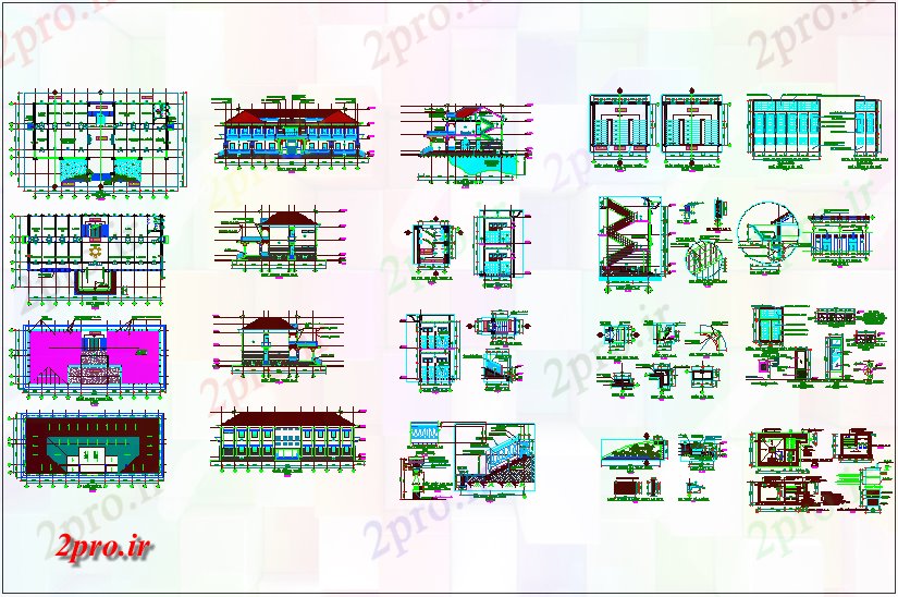 دانلود نقشه ساختمان دولتی ، سازمانی طراحی ربع سر با درب و نمای پله 14 در 36 متر (کد67353)