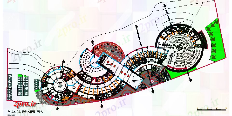 دانلود نقشه هتل - رستوران - اقامتگاه طرحی چیدمان یک هتل با تمام جزئیات و پارکینگ 50 در 177 متر (کد67365)