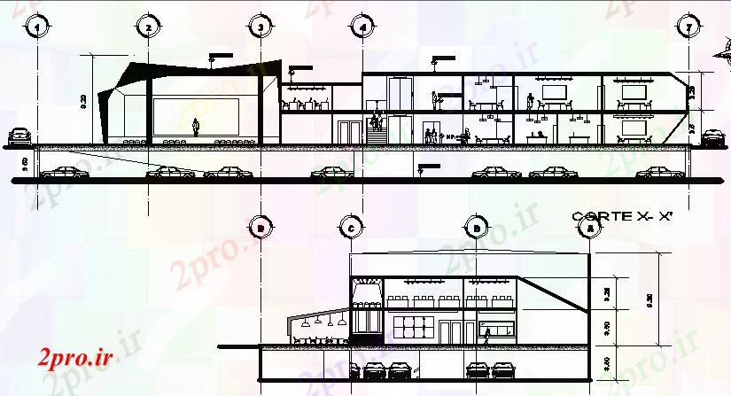 دانلود نقشه هتل - رستوران - اقامتگاه نما از طراحی یک کافه 22 در 55 متر (کد67366)