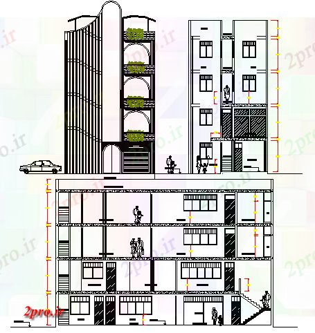 دانلود نقشه مسکونی  ، ویلایی ، آپارتمان  چند خانواده نما ساختمان مسکونی و جزئیات مقطعی  (کد67399)