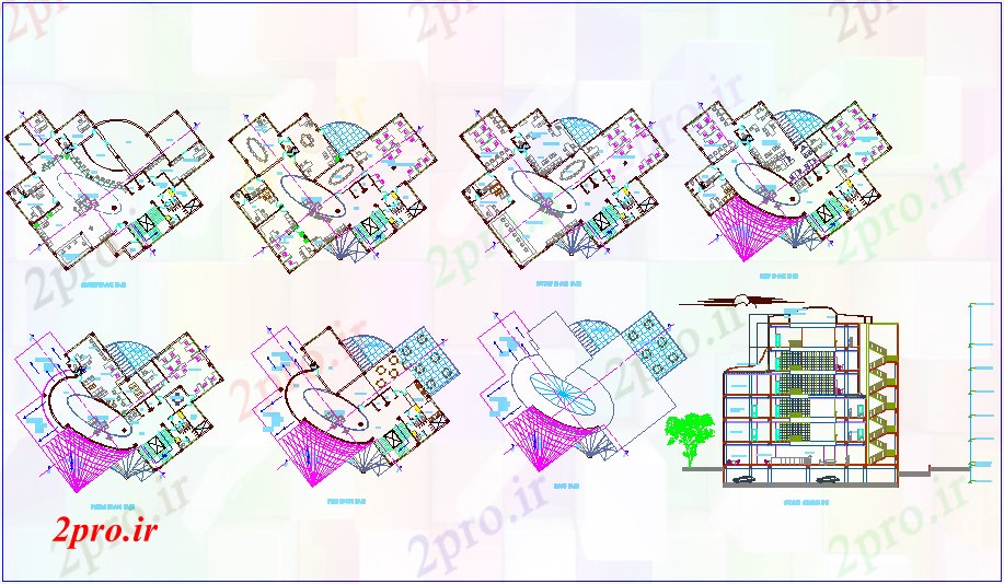 دانلود نقشه بانک ها طراحی بانک با طرحی کف و نمای مقطعی 22 در 25 متر (کد67411)