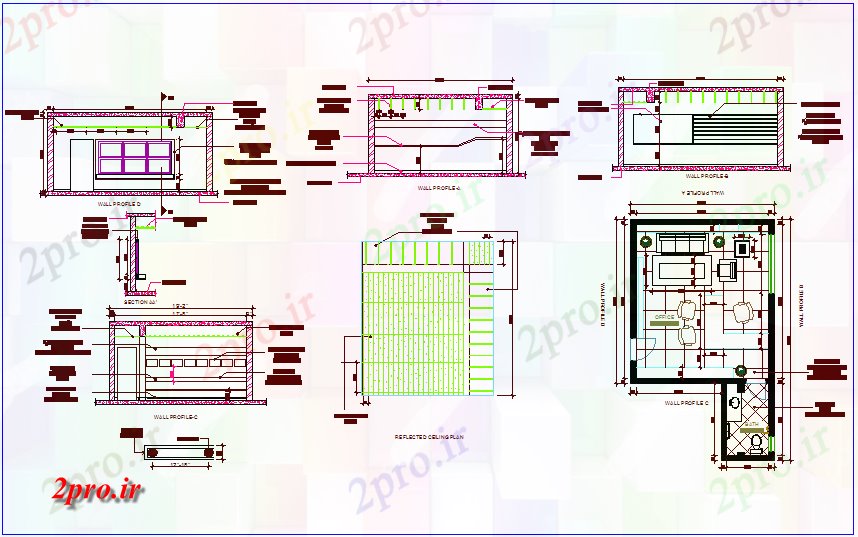 دانلود نقشه جزئیات ساخت و ساز طرحی دیوار پرو دفتر با سقف طرح (کد67437)