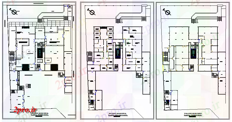 دانلود نقشه ساختمان اداری - تجاری - صنعتی زمین، اول و بالای طبقه طراحی از دفتر شهرداری (کد67458)