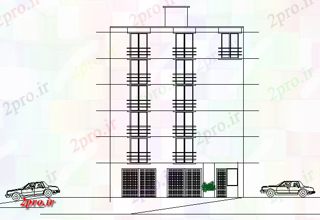 دانلود نقشه ساختمان اداری - تجاری - صنعتی چند طبقه نما ساختمان اداری جزئیات 10 در 12 متر (کد67467)