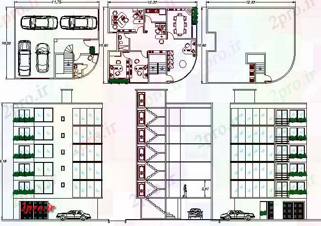 دانلود نقشه ساختمان اداری - تجاری - صنعتی چند طبقه ساخت نما، بخش و طرحی طبقه جزئیات (کد67468)