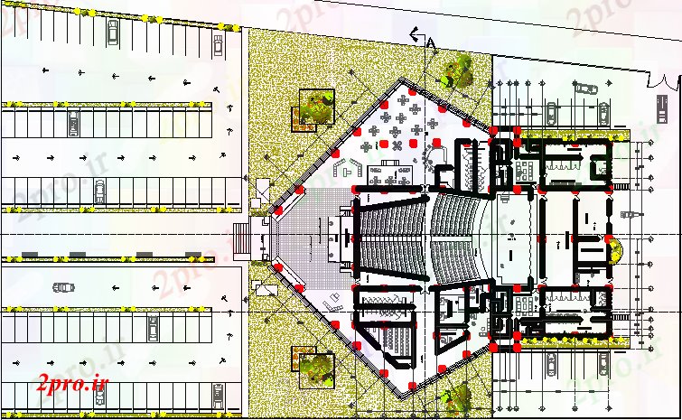 دانلود نقشه ساختمان دولتی ، سازمانی سالن طراحی با پارکینگ 64 در 68 متر (کد67494)