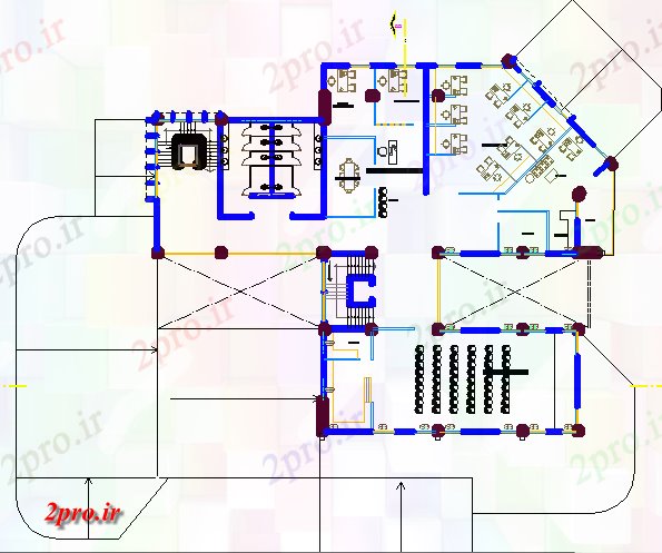 دانلود نقشه ساختمان اداری - تجاری - صنعتی فضای باز طرحی دفتر 38 در 44 متر (کد67518)