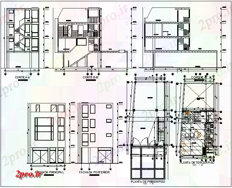 دانلود نقشه مسکونی ، ویلایی ، آپارتمان مسکونی 2 طبقه ساختمان طرحی جزئیات 6 در 8 متر (کد67531)