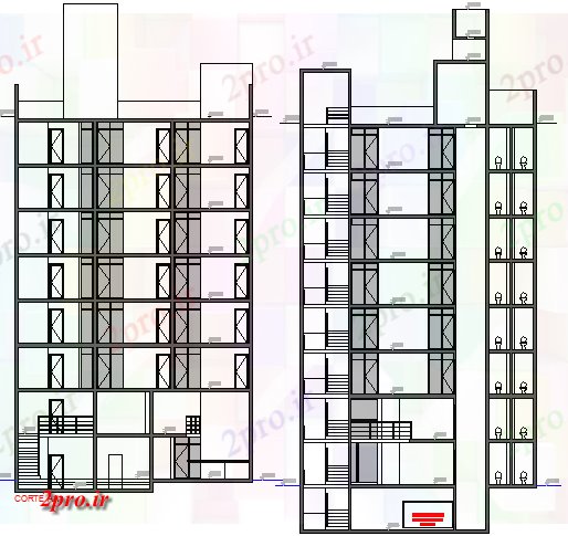 دانلود نقشه ساختمان اداری - تجاری - صنعتی سمت چپ و ر فرم دفتر ساخت و ساز 13 در 36 متر (کد67568)