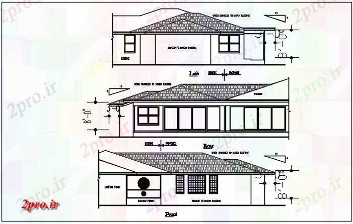 دانلود نقشه مسکونی  ، ویلایی ، آپارتمان  در جلو و نما عقب، چپ نما جزئیات با  بعد (کد67570)