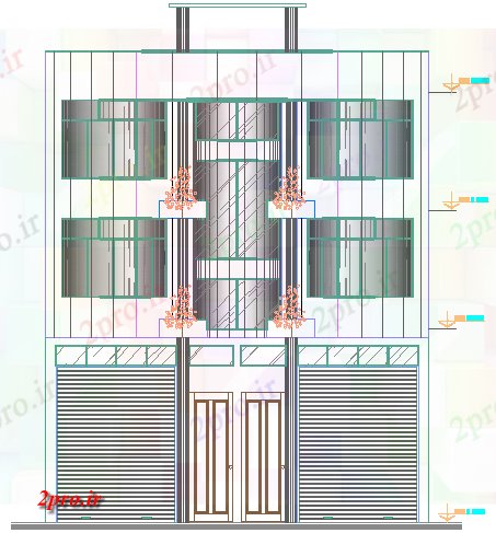 دانلود نقشه ساختمان اداری - تجاری - صنعتی نما مقابل ساختمان مدیریت 9 در 13 متر (کد67573)