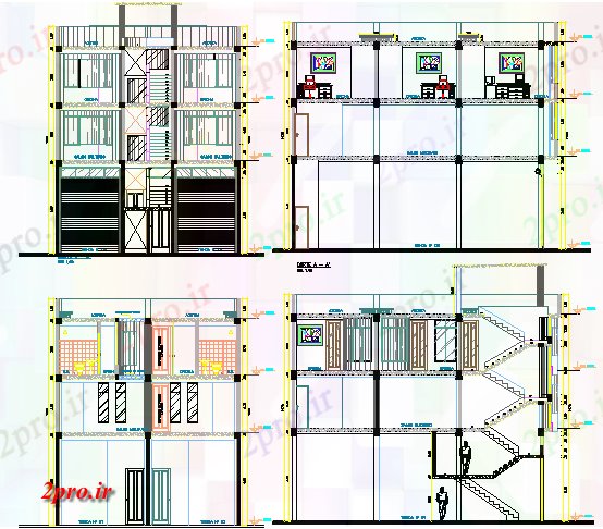 دانلود نقشه ساختمان اداری - تجاری - صنعتی سه دفتر کفپوش ساخت نما و  فرم (کد67577)