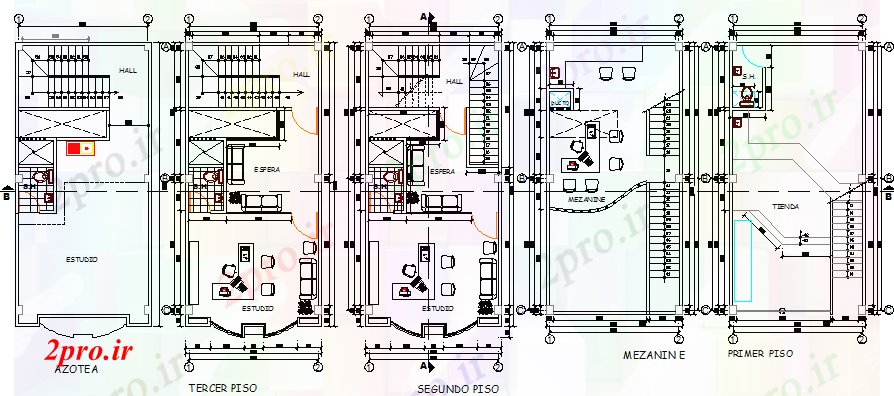 دانلود نقشه ساختمان اداری - تجاری - صنعتی جزئیات طراحی طبقه از ساختمان اداری 6 در 11 متر (کد67578)