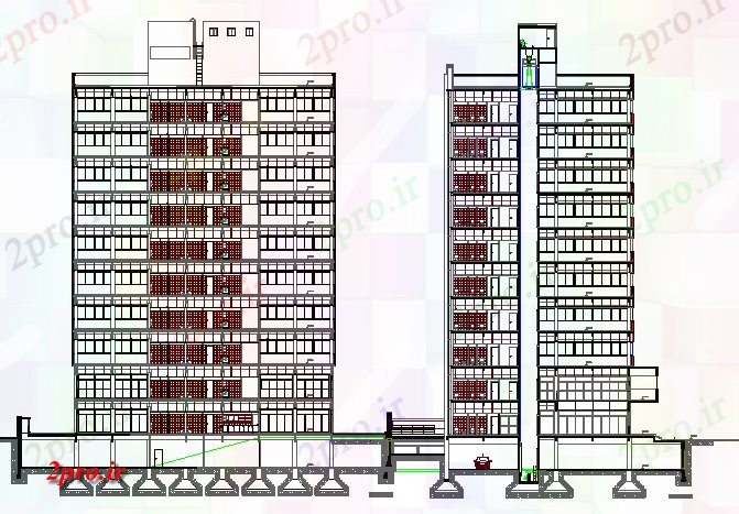 دانلود نقشه ساختمان اداری - تجاری - صنعتی چند طبقه مقابل دولت و نما سمت جزئیات (کد67594)