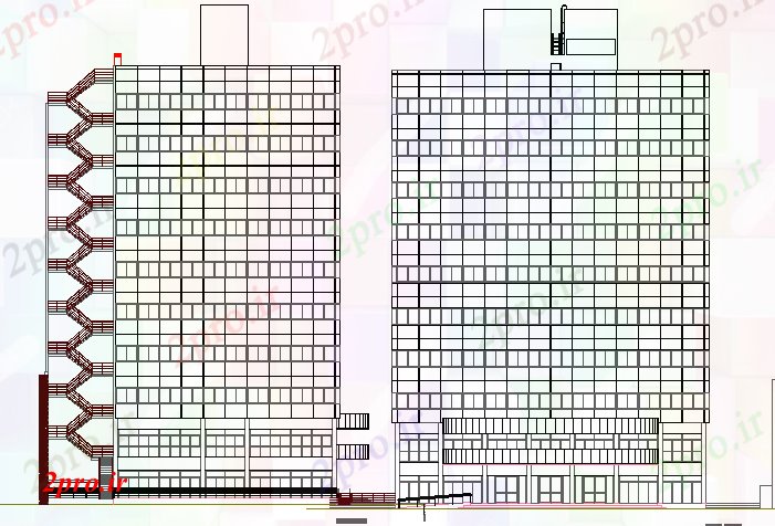 دانلود نقشه ساختمان اداری - تجاری - صنعتی برگشت و دید به طرف، راه پله از چند طبقه ساختمان اداری (کد67595)