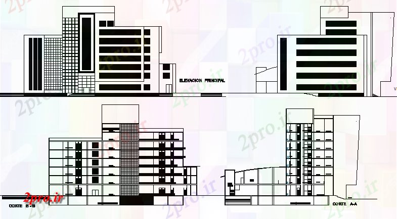 دانلود نقشه ساختمان اداری - تجاری - صنعتی چند طبقه نما ساختمان شرکت ها و دیدگاه مقطعی 29 در 64 متر (کد67620)