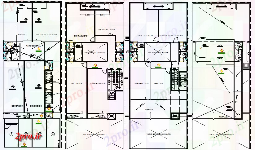 دانلود نقشه ساختمان اداری - تجاری - صنعتی زمین، برای اولین بار، طراحی طبقه دوم و بالای ساختمان اداری (کد67634)