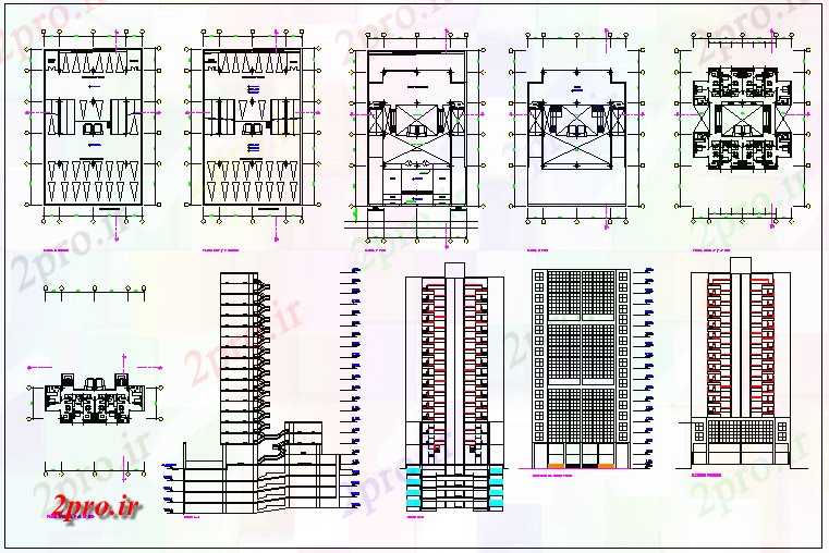دانلود نقشه ساختمان مرتفعمسکونی بلند طرحی ساختمان جزئیات 26 در 40 متر (کد67648)