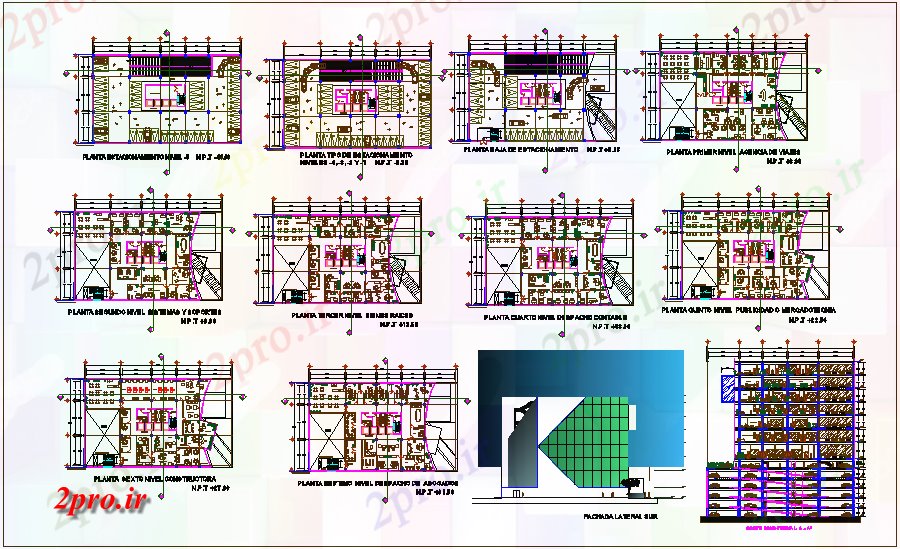 دانلود نقشه ساختمان اداری - تجاری - صنعتی طرحی طبقه از ساختمان اداری با نما و بخش 30 در 42 متر (کد67677)