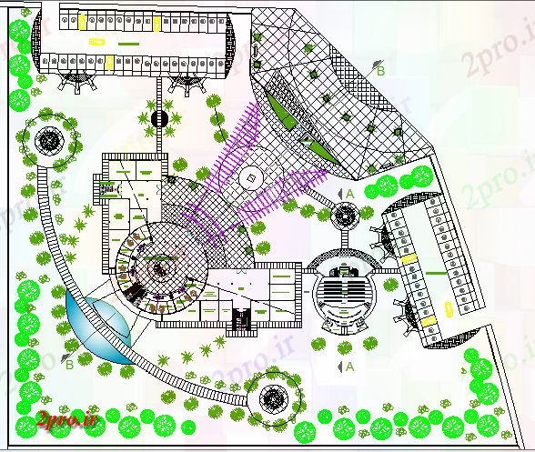 دانلود نقشه ساختمان اداری - تجاری - صنعتی جزئیات محوطه سازی از دفتر شورای شهرستان ساخت (کد67680)