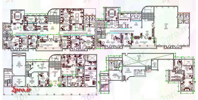 دانلود نقشه ساختمان اداری - تجاری - صنعتی زمین، اول، دوم و بالای طراحی طبقه از مدیریت دفتر 16 در 39 متر (کد67684)