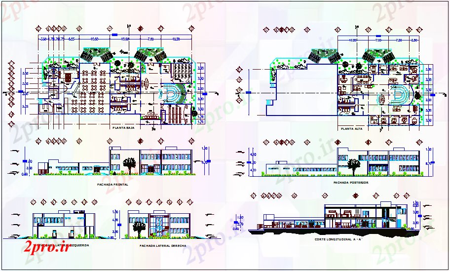 دانلود نقشه ساختمان اداری - تجاری - صنعتی اداره طرحی ساختمان، نما و بخش 21 در 50 متر (کد67685)