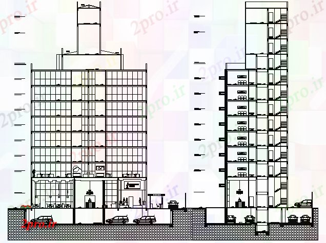 دانلود نقشه ساختمان اداری - تجاری - صنعتی جلو و نمای مقطعی طرف چند طبقه ساختمان اداری (کد67697)