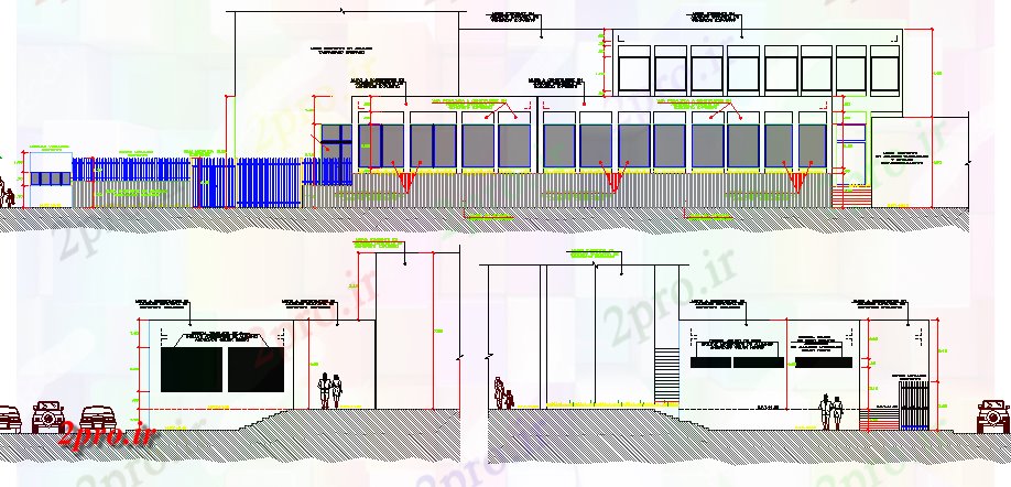 دانلود نقشه ساختمان اداری - تجاری - صنعتی نما جلو و جزئیات مقطعی از دفتر priمکس ساخت (کد67709)
