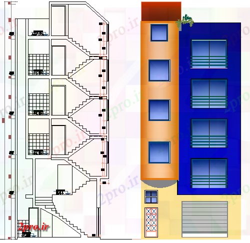 دانلود نقشه ساختمان اداری - تجاری - صنعتی نما جانبی و بخش از شرکت ساخت و ساز 7 در 7 متر (کد67723)