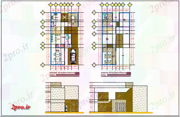 دانلود نقشه مسکونی ، ویلایی ، آپارتمان طرحی خانه خط مرکز و نما جزئیات 8 در 15 متر (کد67747)