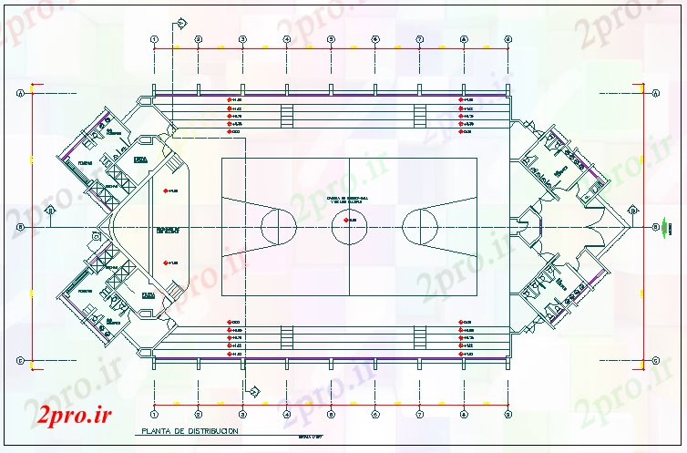 دانلود نقشه ورزشگاه ، سالن ورزش ، باشگاه سبد دادگاه توپ طرحی جزئیات 29 در 37 متر (کد67766)