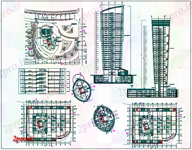 دانلود نقشه ساختمان مرتفعبلند طرحی طبقه ساختمان، نما و بخش های 61 در 77 متر (کد67856)
