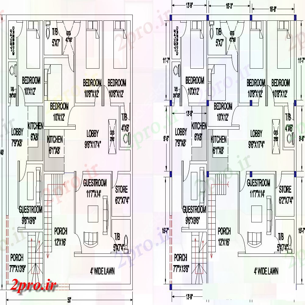 دانلود نقشه مسکونی ، ویلایی ، آپارتمان طرحی خانه 40x50 48 در 60 متر (کد67858)