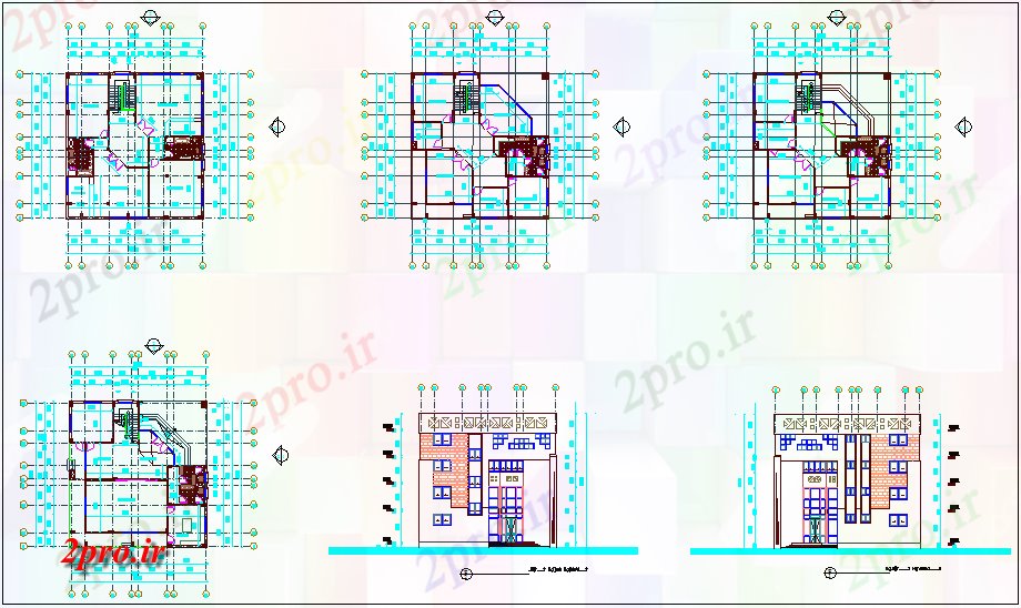دانلود نقشه ساختمان اداری - تجاری - صنعتی طرحی کف و نمای نما برای ساختمان مدیریت 15 در 16 متر (کد67861)