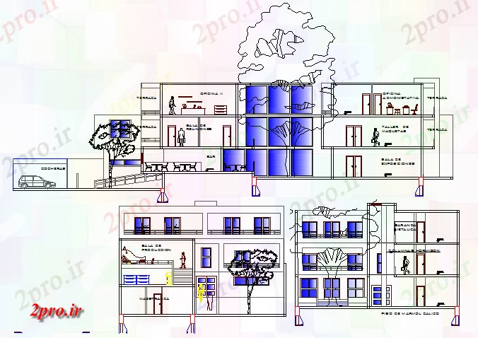 دانلود نقشه ساختمان اداری - تجاری - صنعتی جلو و نمای تماس مقطعی از دفتر شرکت ساخت و ساز 17 در 44 متر (کد67879)