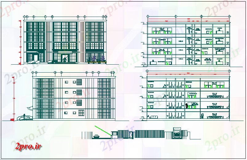 دانلود نقشه شرکت ، دفتر کار ، سازمان ، ادارهمشخصات داخلی از مدیر ساختمان با نما و بخش 19 در 22 متر (کد67880)