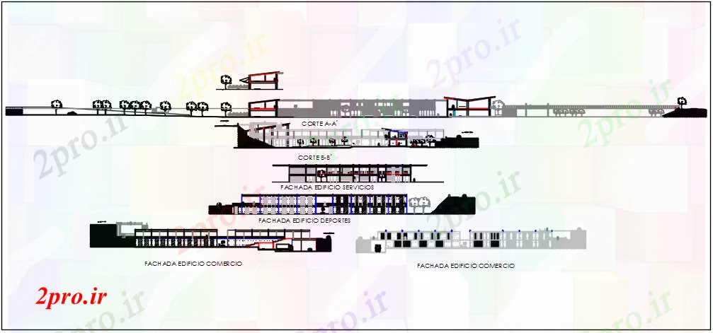 دانلود نقشه ساختمان اداری - تجاری - صنعتی نما از جزئیات از طبقه همکف و طبقه 1 ساختمان تجاری طرحی جزئیات 87 در 201 متر (کد67884)