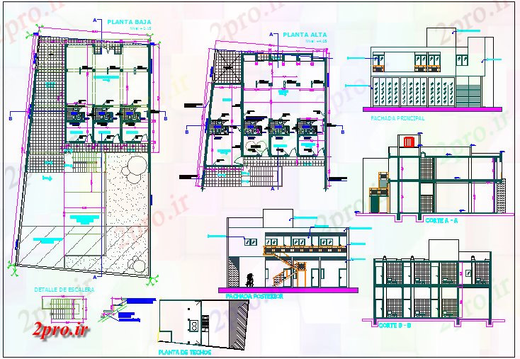 دانلود نقشه ساختمان اداری - تجاری - صنعتی طرح، نما و  بخش از ساختمان اداری (کد67931)