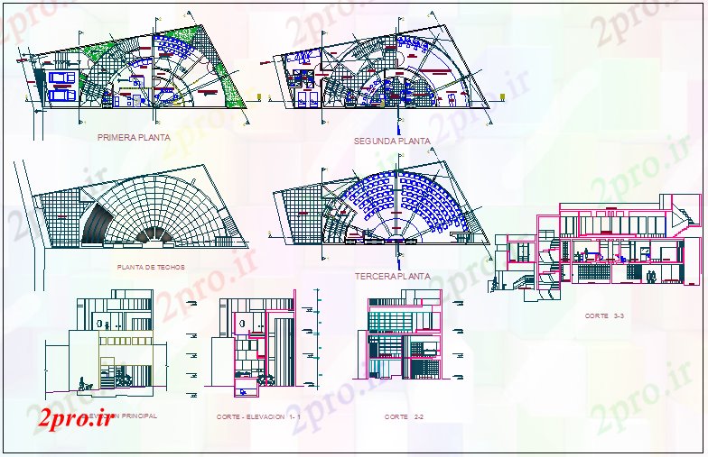 دانلود نقشه دانشگاه ، آموزشکده ، موسسه - طرحی طبقه کلاژ، نما و بخش 6 در 22 متر (کد67933)