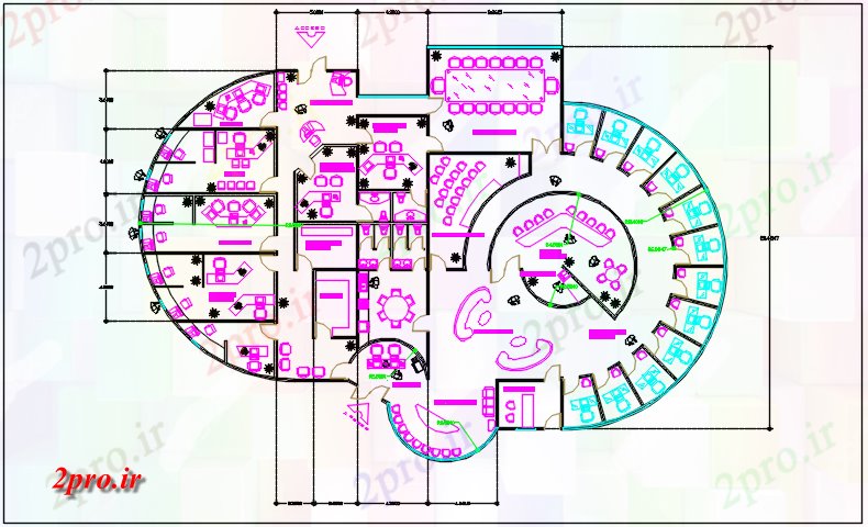 دانلود نقشه ساختمان اداری - تجاری - صنعتی شکل گرد طرحی ساختمان تجاری جزئیات 23 در 35 متر (کد67941)