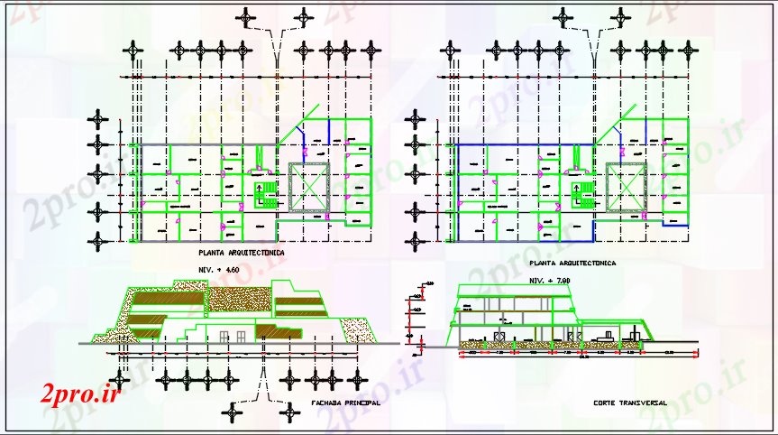 دانلود نقشه ساختمان اداری - تجاری - صنعتی طراحی ساختمان خط وسط جزئیات و طرحی نما جزئیات 25 در 59 متر (کد67952)