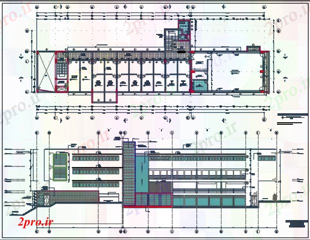 دانلود نقشه ساختمان اداری - تجاری - صنعتی طرحی نما و خط وسط طرحی جزئیات 17 در 57 متر (کد67962)