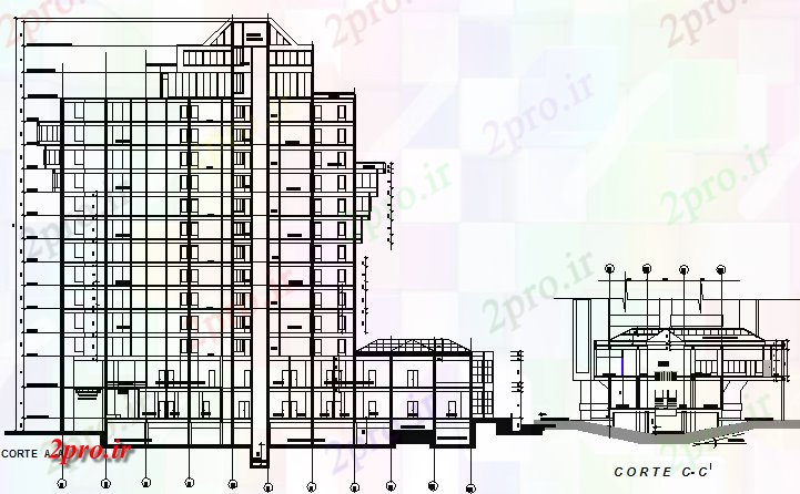 دانلود نقشه ساختمان اداری - تجاری - صنعتی جلو و نمای مقطعی طرف جزئیات ساختمان اداری 16 در 50 متر (کد67963)
