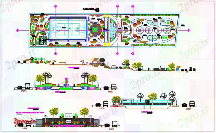 دانلود نقشه پارک - باغ عمومی زمین sceping باغ و تخت بازی ضرب جزئیات طرحی جزئیات 27 در 131 متر (کد67972)
