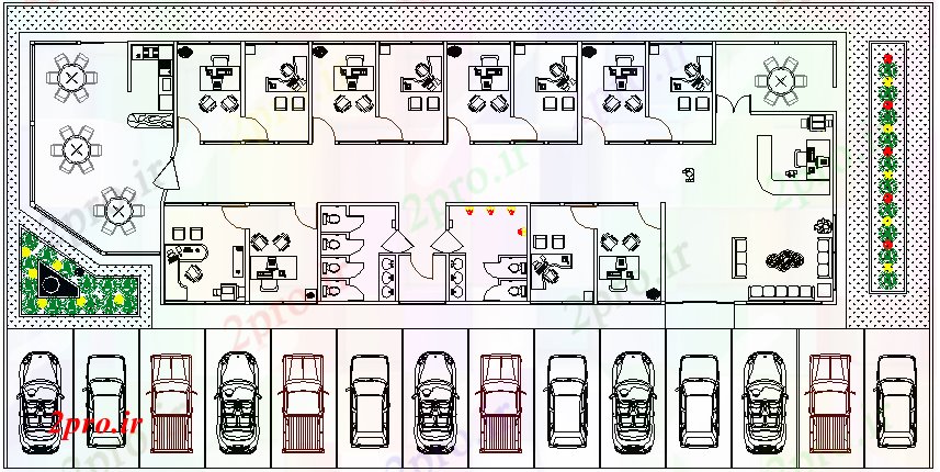 دانلود نقشه شرکت ، دفتر کار ، سازمان ، ادارهشرکت معماری ماژول دفتر طرح 11 در 28 متر (کد67995)